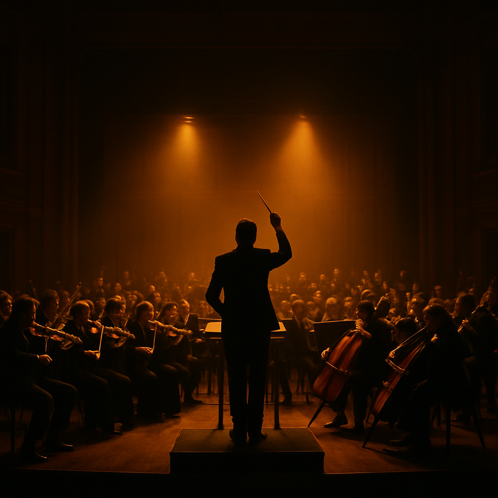 A full symphony orchestra performing under warm stage lighting