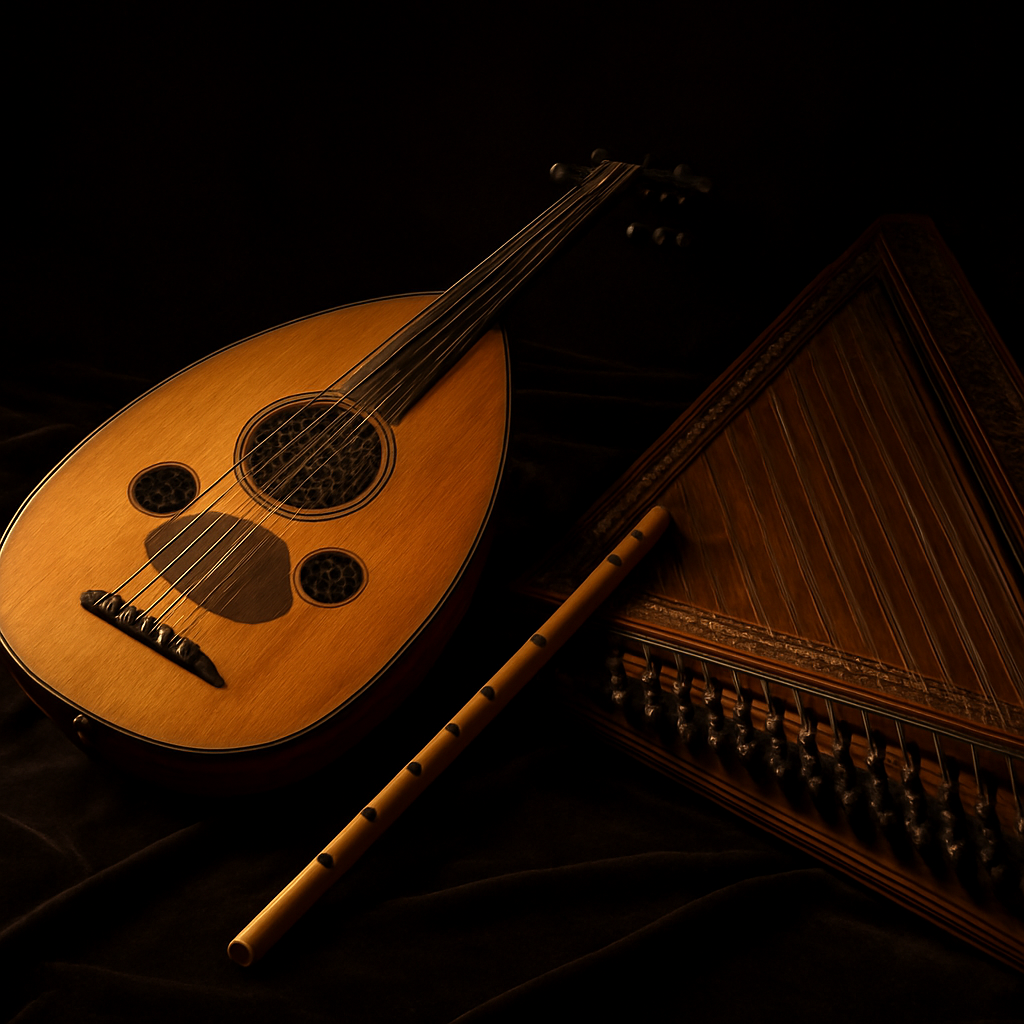 Traditional Turkish instruments on dark velvet
